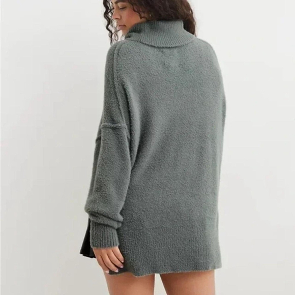 Aerie Chunky Ribbed Turtleneck Sweater Grey Green Oversized Cozy Knit Size M - Picture 2 of 6